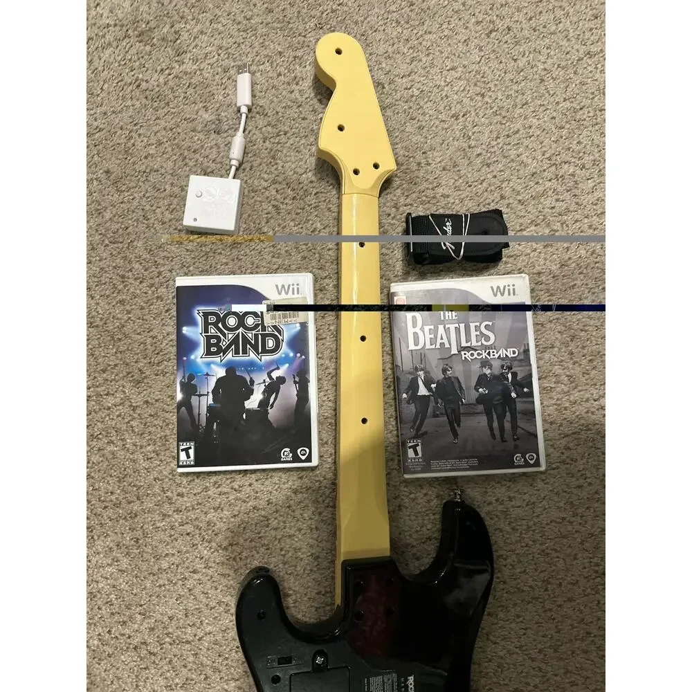 Nintendo Wii Rock Band Guitar w Dongle Strap 2 Games RockBand Beatles Tested